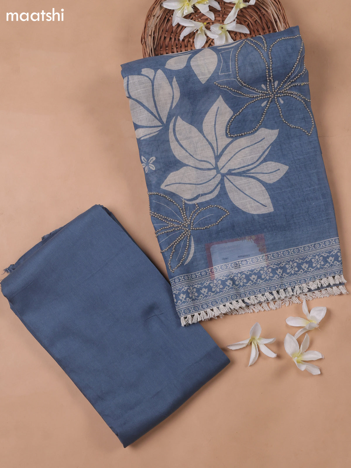 Teal Blue Linen Cotton Dress Material With Floral Prints & Beats Work