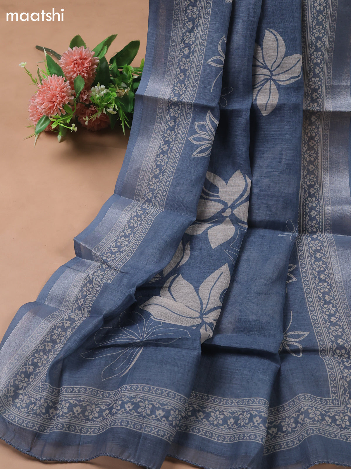 Teal Blue Linen Cotton Dress Material With Floral Prints & Beats Work