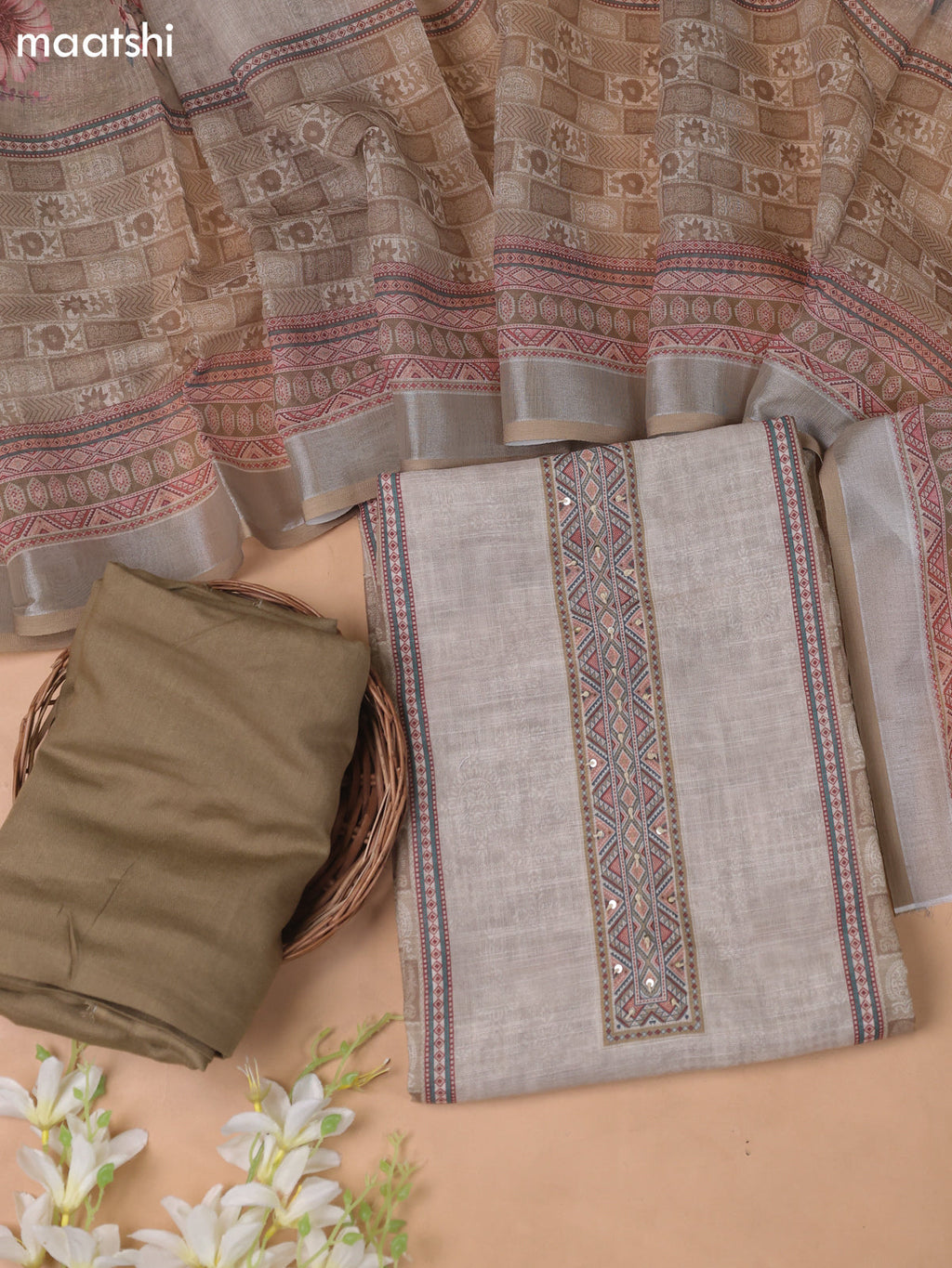 Beige and Brown Linen Cotton Dress Material With Digital Prints