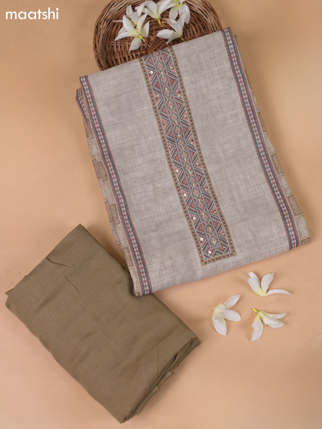 Beige and Brown Linen Cotton Dress Material With Digital Prints