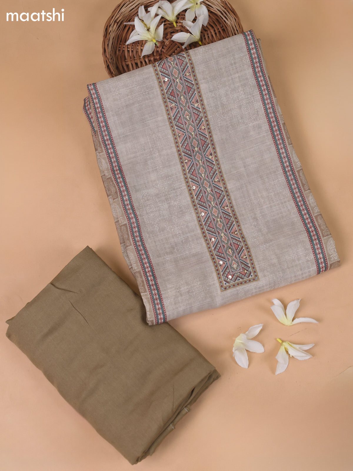Beige and Brown Linen Cotton Dress Material With Digital Prints