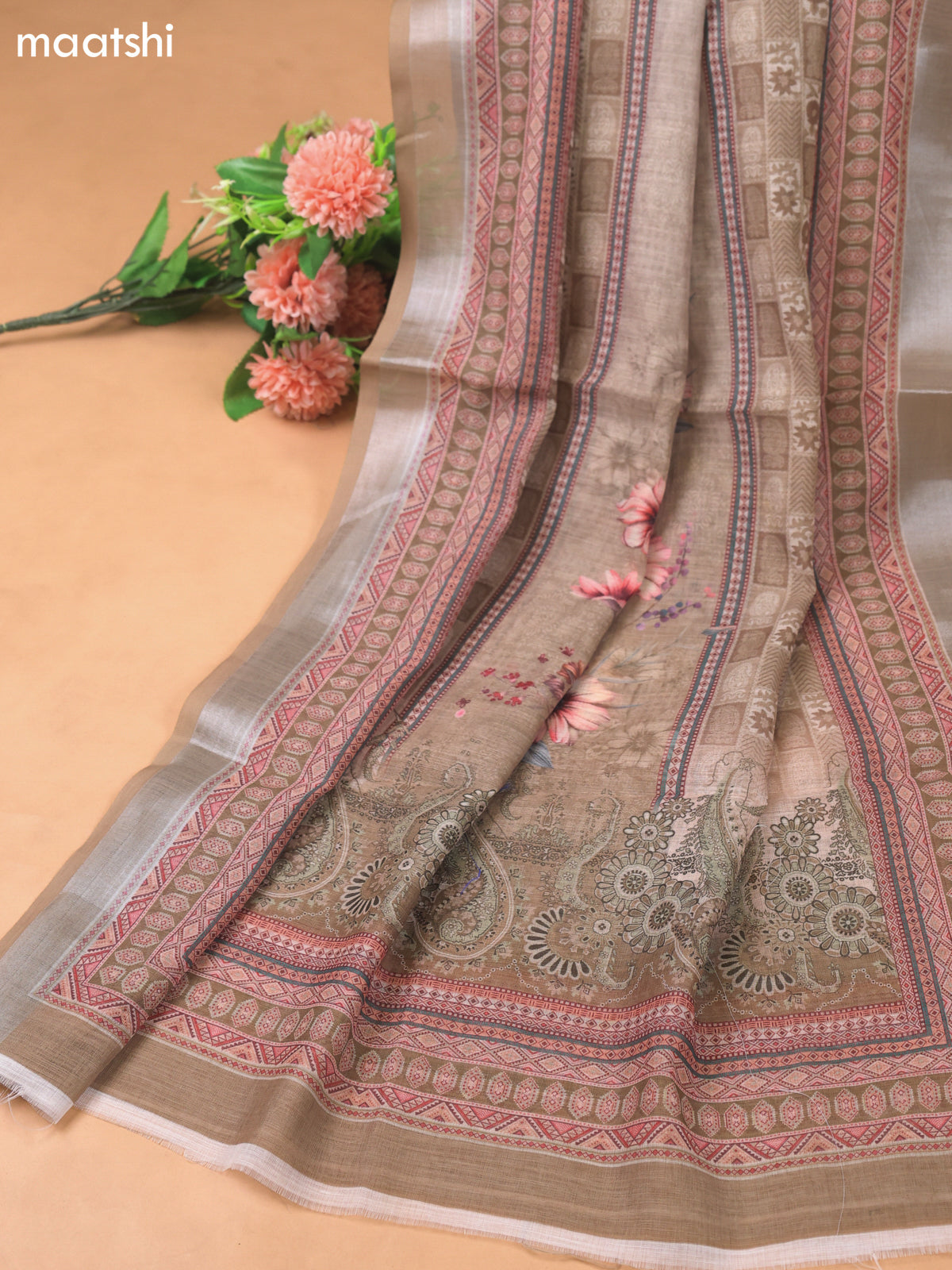 Beige and Brown Linen Cotton Dress Material With Digital Prints