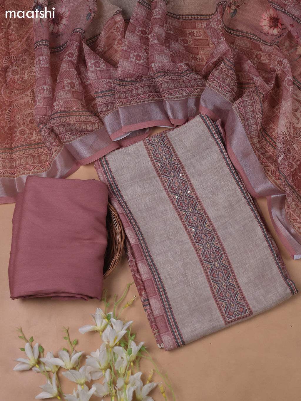 Beige and Peach Linen Cotton Dress Material With Digital Prints