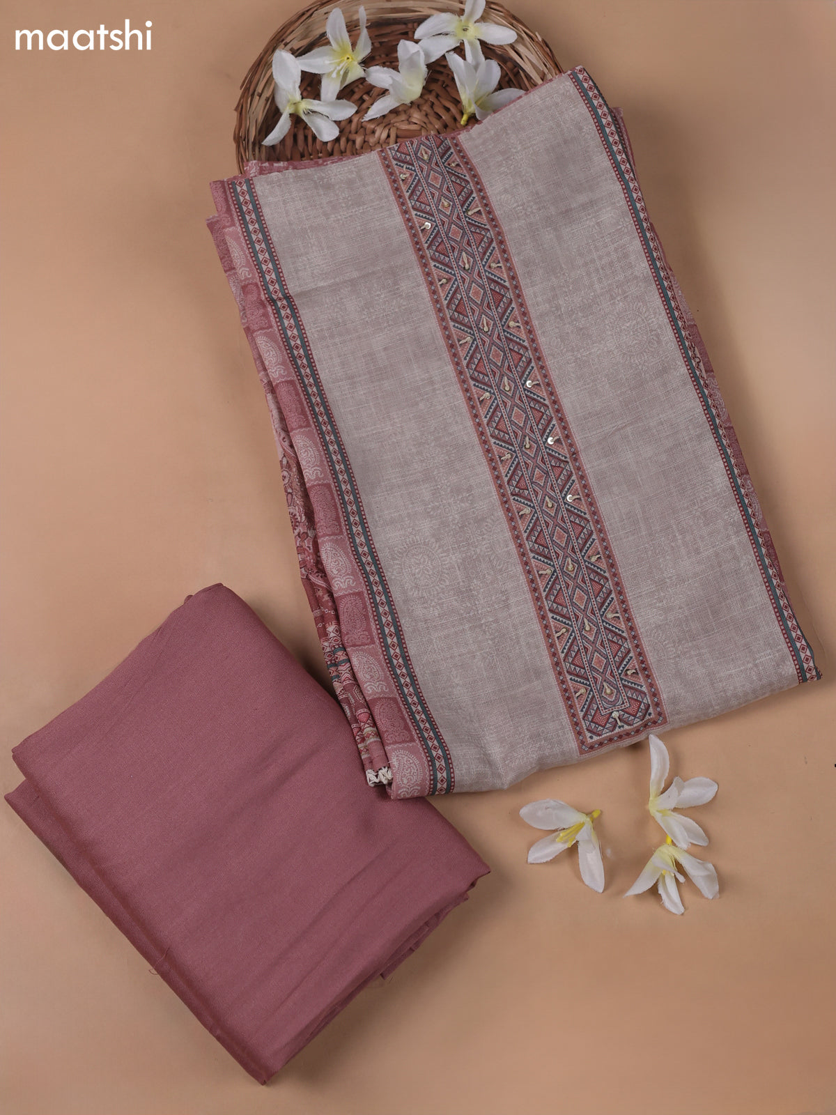 Beige and Peach Linen Cotton Dress Material With Digital Prints