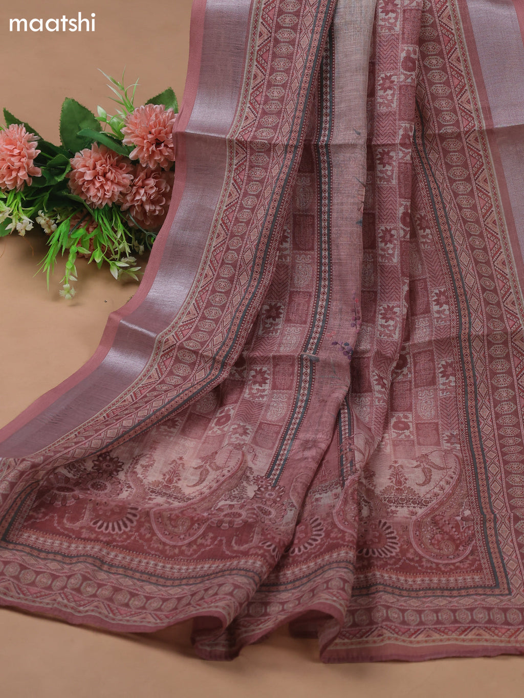 Beige and Peach Linen Cotton Dress Material With Digital Prints