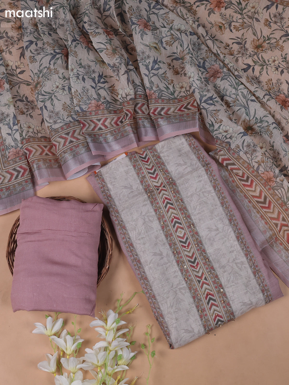 Beige and Pink Linen Cotton Dress Material With Digital Prints