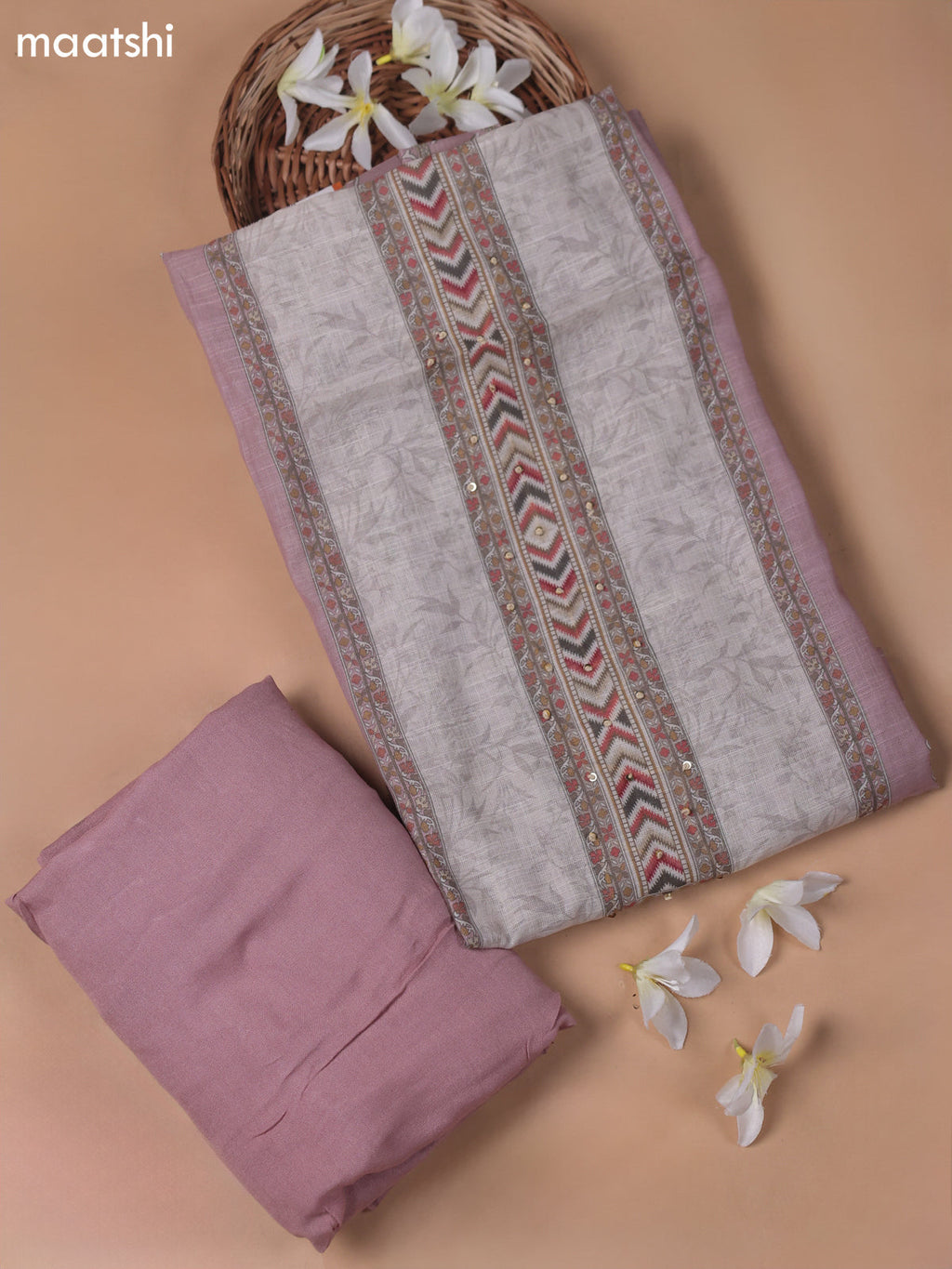 Beige and Pink Linen Cotton Dress Material With Digital Prints