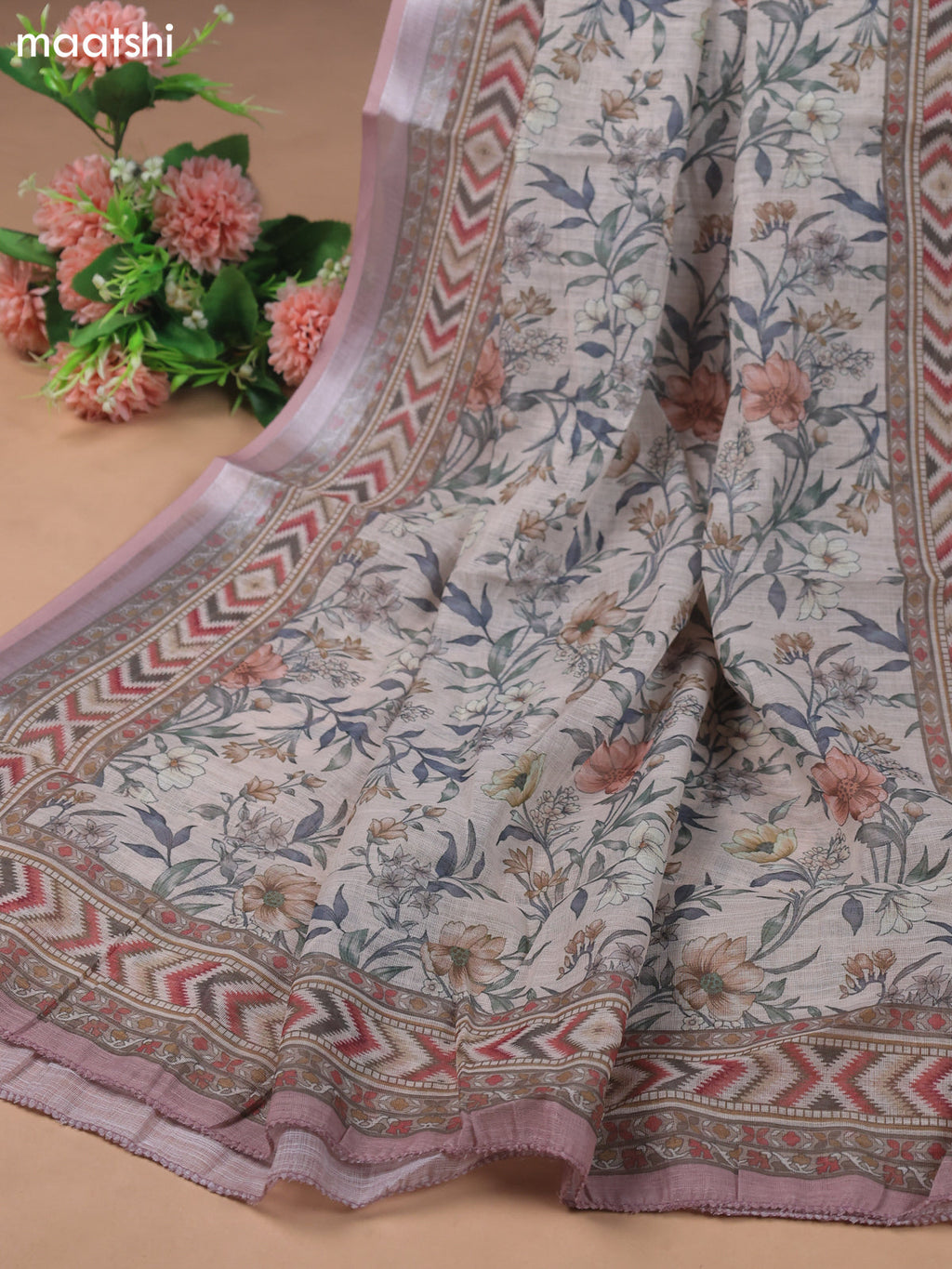 Beige and Pink Linen Cotton Dress Material With Digital Prints