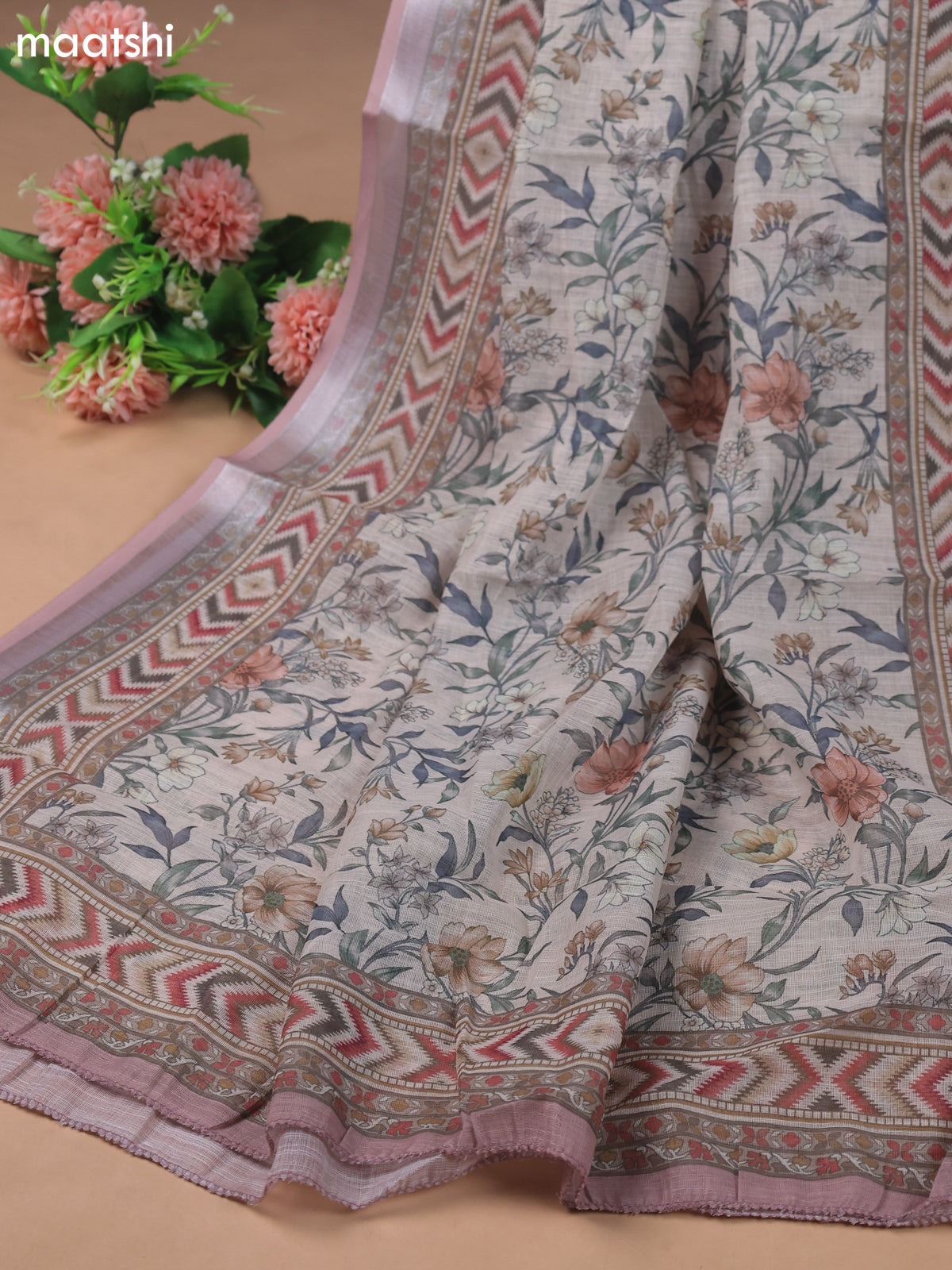 Beige and Pink Linen Cotton Dress Material With Digital Prints