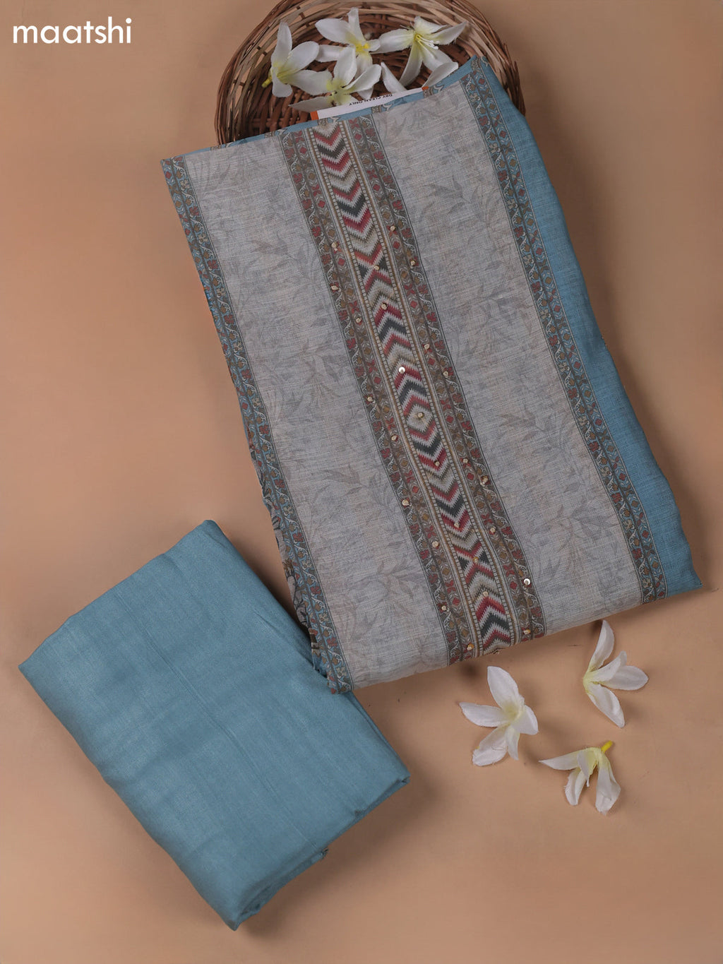 Beige and Light Blue Linen Cotton Dress Material With Digital Prints