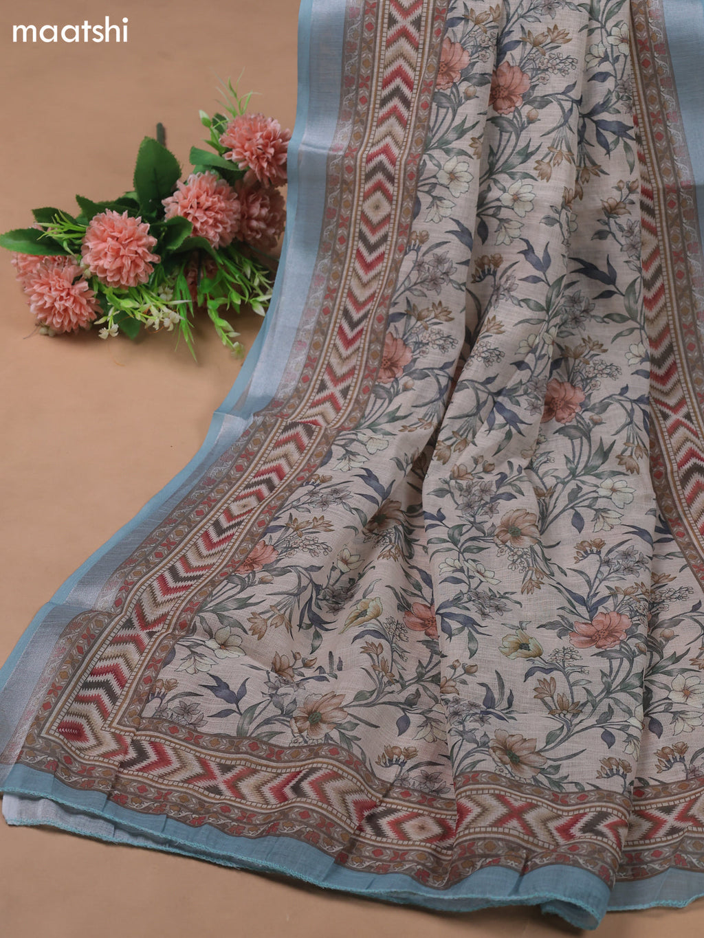 Beige and Light Blue Linen Cotton Dress Material With Digital Prints