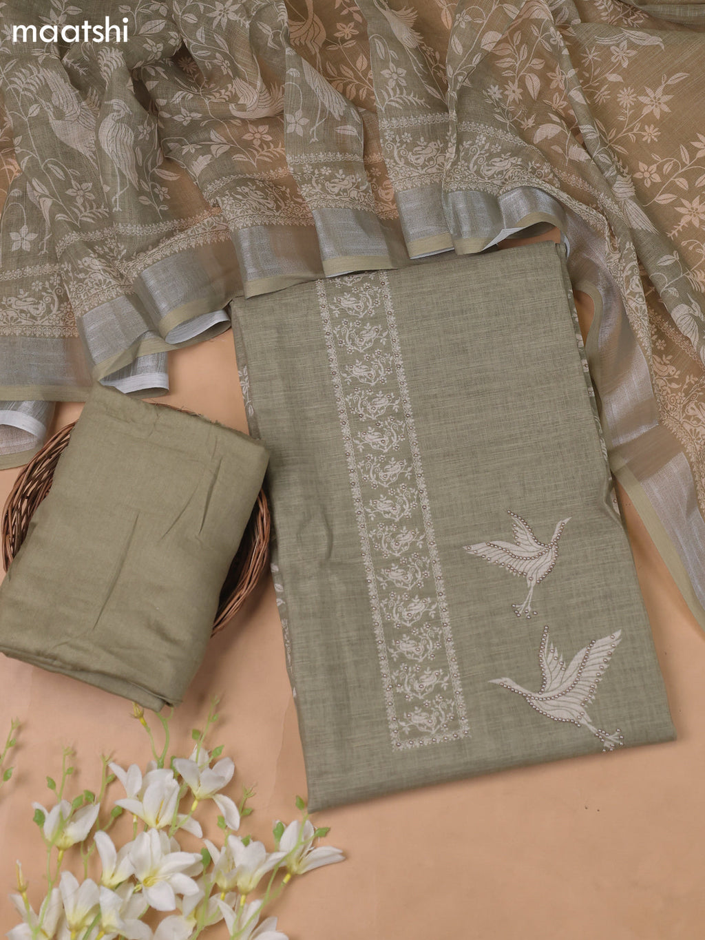 Beige and Elachi Green Linen Cotton Dress Material With Prints & Beaded Work