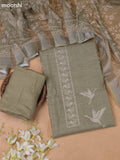 Beige and Elachi Green Linen Cotton Dress Material With Prints & Beaded Work