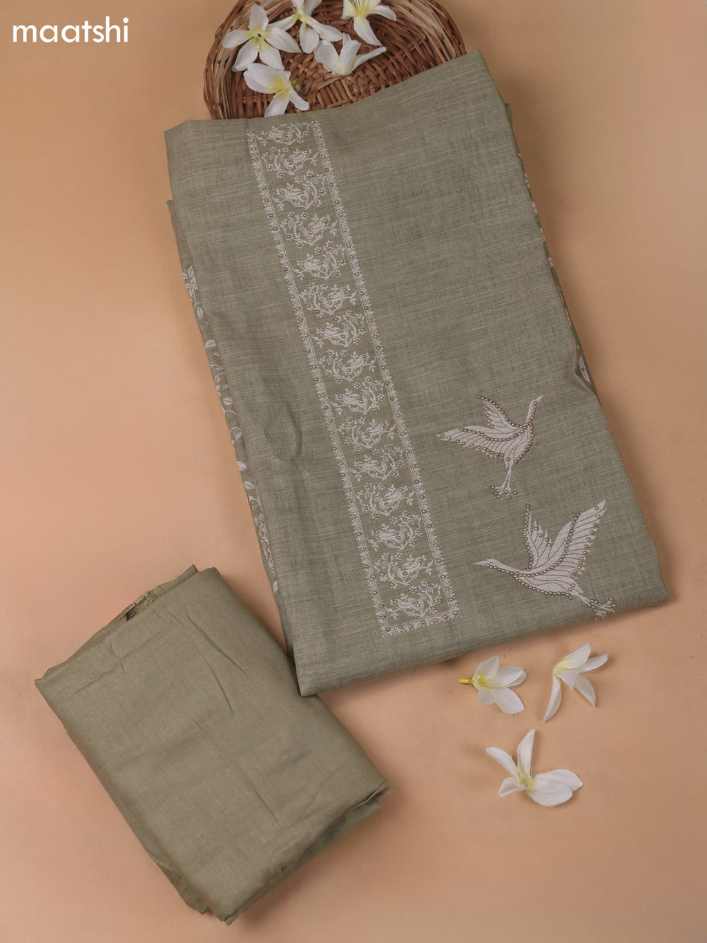 Beige and Elachi Green Linen Cotton Dress Material With Prints & Beaded Work
