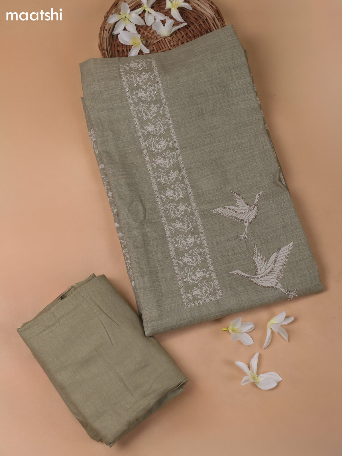 Beige and Elachi Green Linen Cotton Dress Material With Prints & Beaded Work