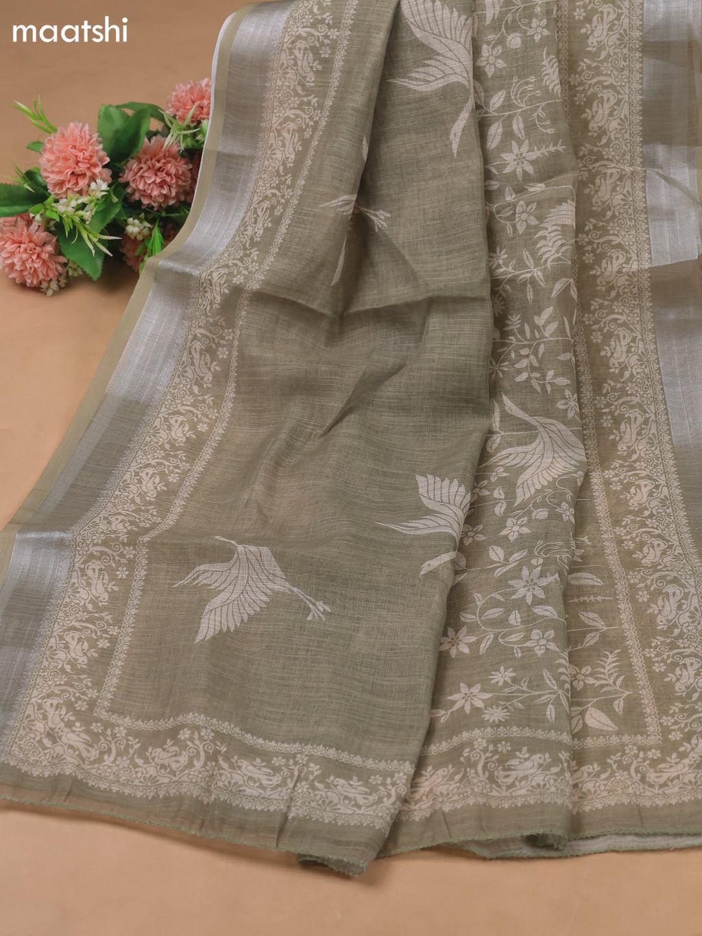 Beige and Elachi Green Linen Cotton Dress Material With Prints & Beaded Work