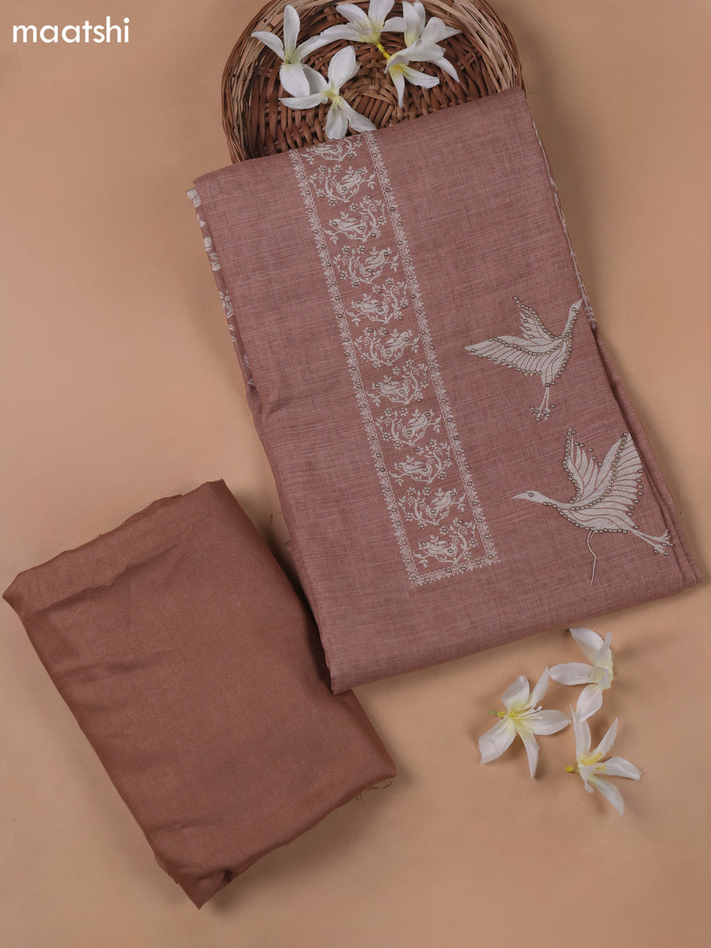 Beige and Pastel Brown Linen Cotton Dress Material With Prints & Beaded Work
