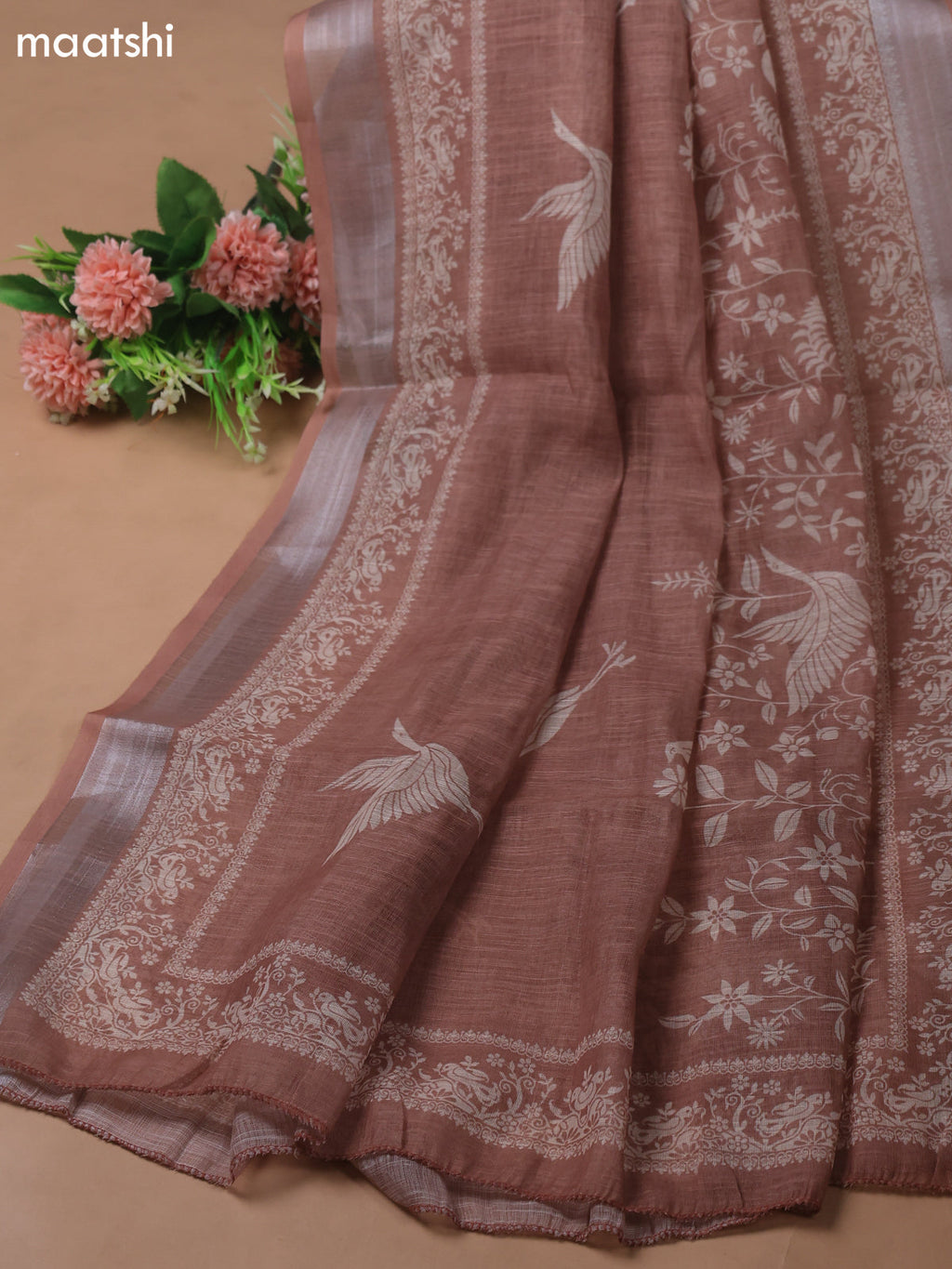 Beige and Pastel Brown Linen Cotton Dress Material With Prints & Beaded Work
