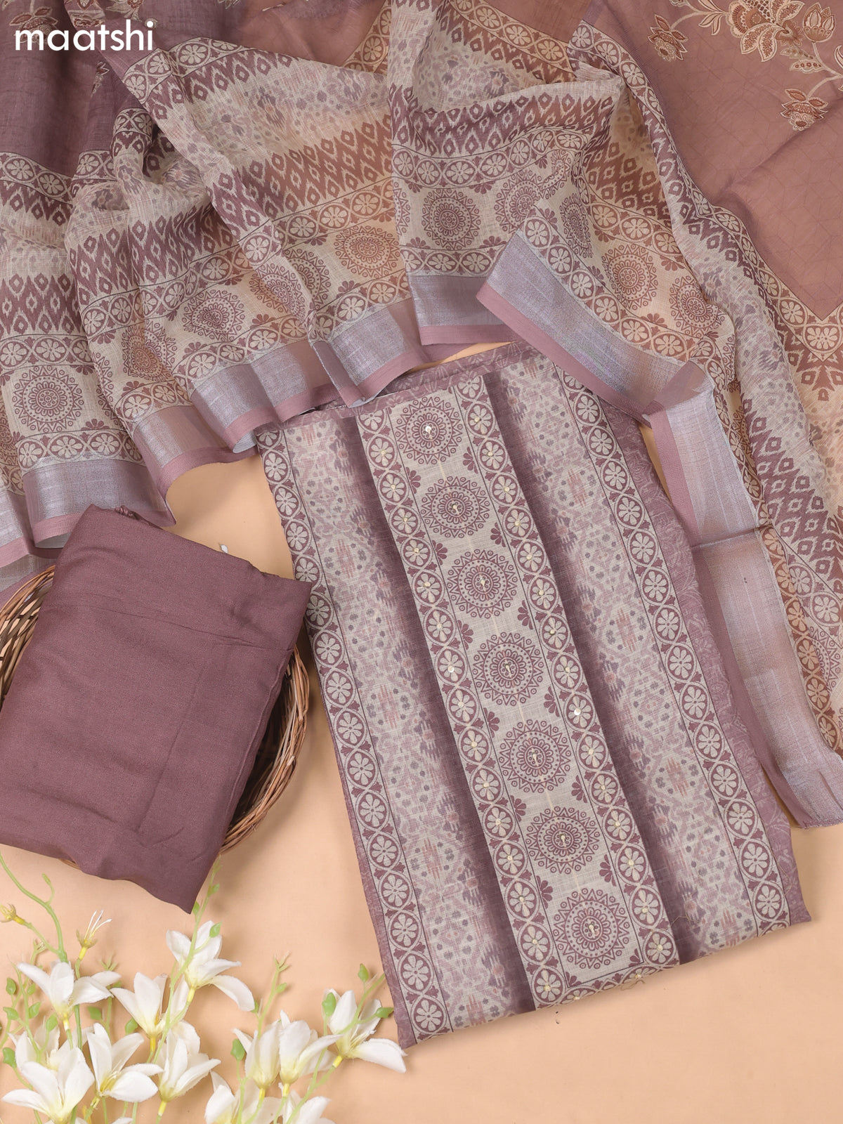 Beige and Dark Peach Linen Cotton Dress Material With Digital Prints