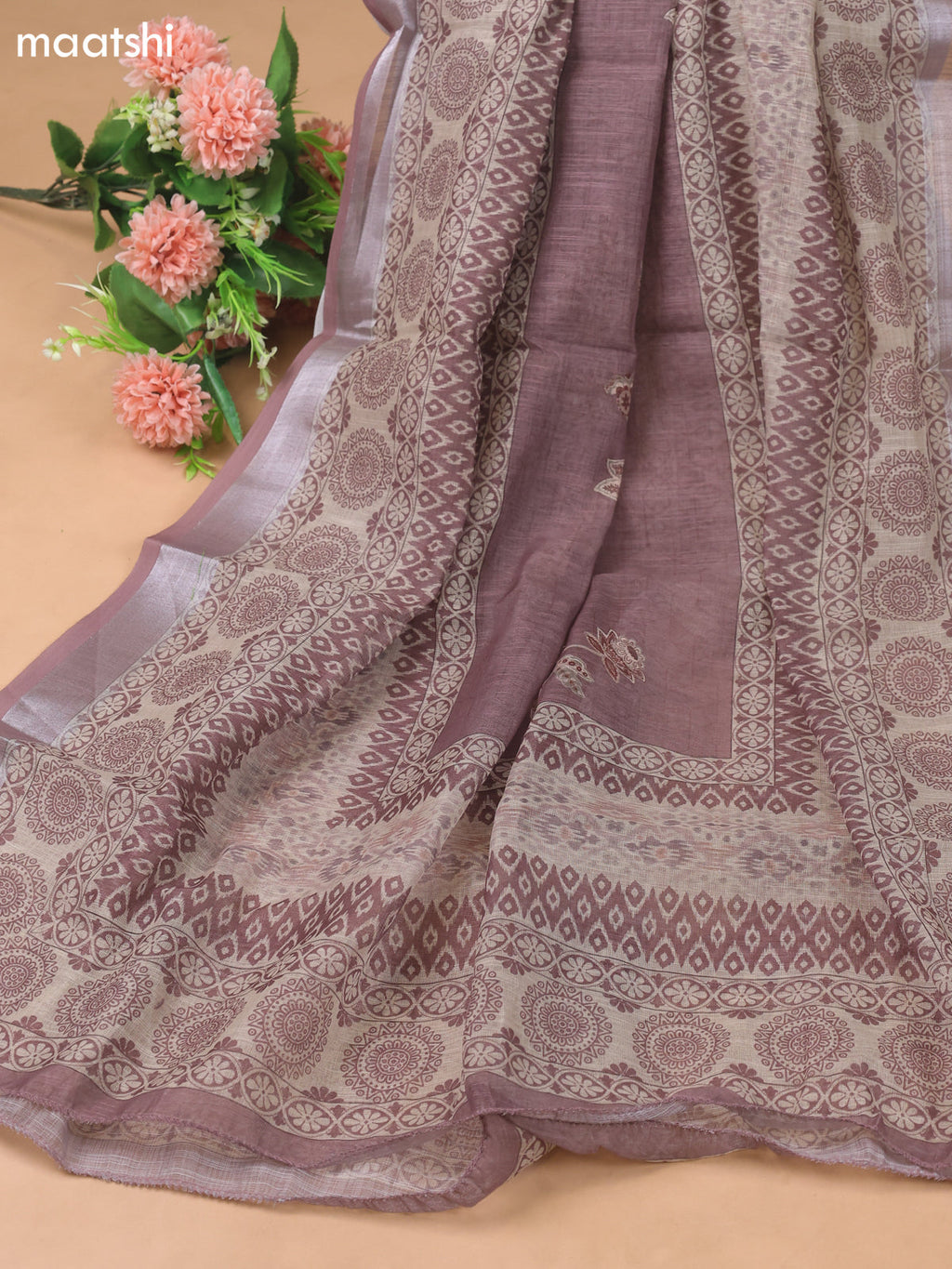 Beige and Dark Peach Linen Cotton Dress Material With Digital Prints
