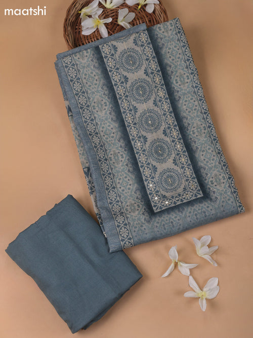 Beige and Bluish Grey Linen Cotton Dress Material With Digital Prints