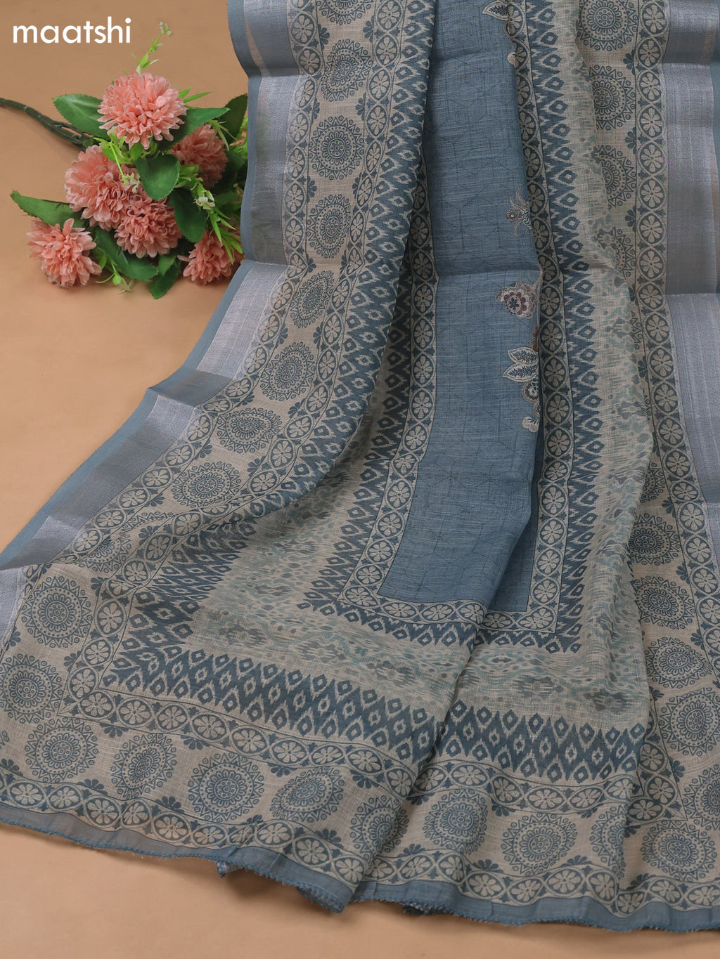 Beige and Bluish Grey Linen Cotton Dress Material With Digital Prints