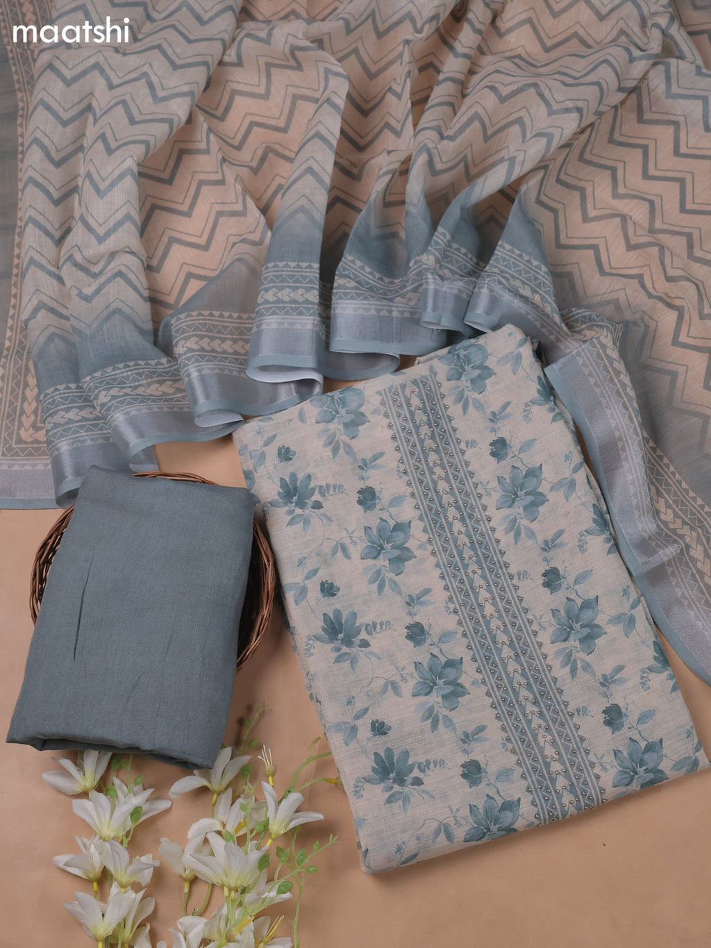 Beige and Bluish Grey Linen Cotton Dress Material With Floral Prints