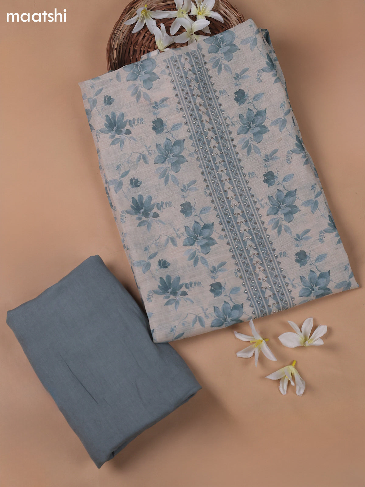 Beige and Bluish Grey Linen Cotton Dress Material With Floral Prints