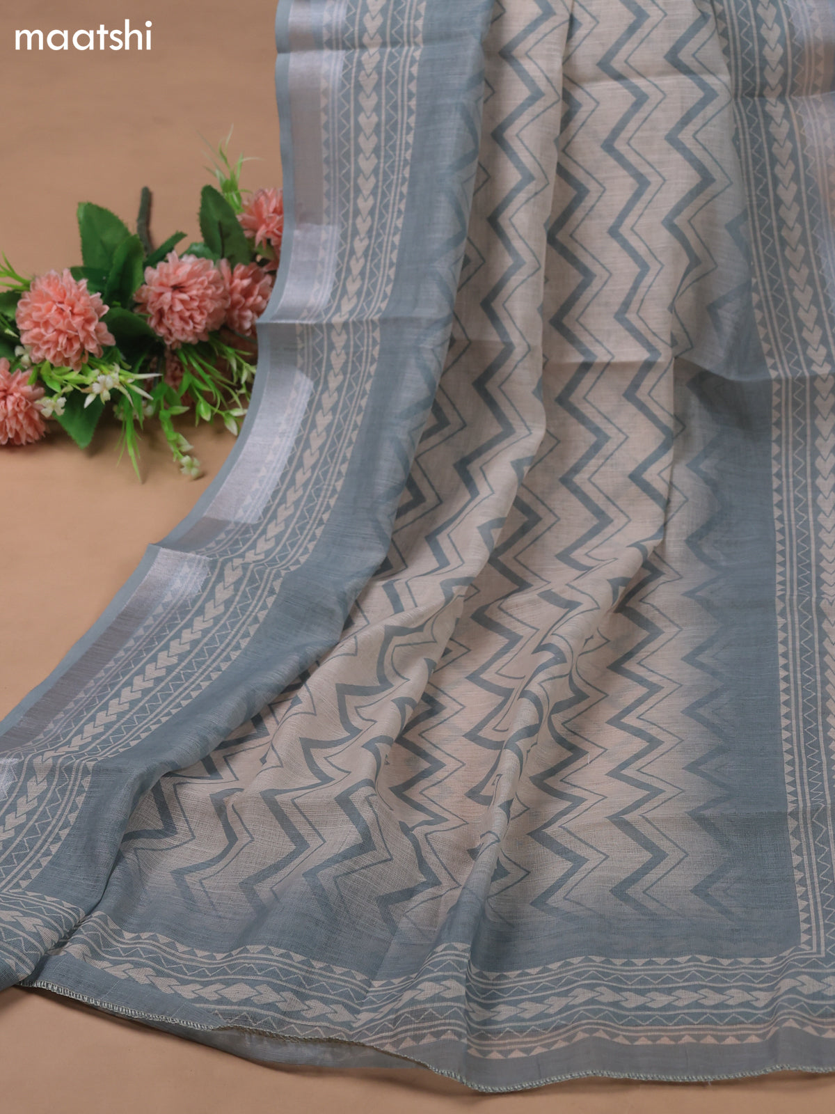 Beige and Bluish Grey Linen Cotton Dress Material With Floral Prints