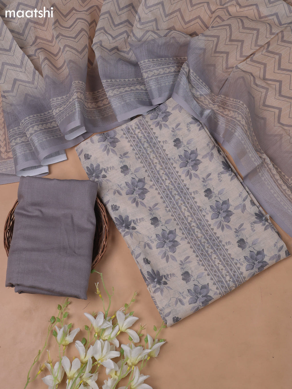 Beige and Grey Linen Cotton Dress Material With Floral Prints
