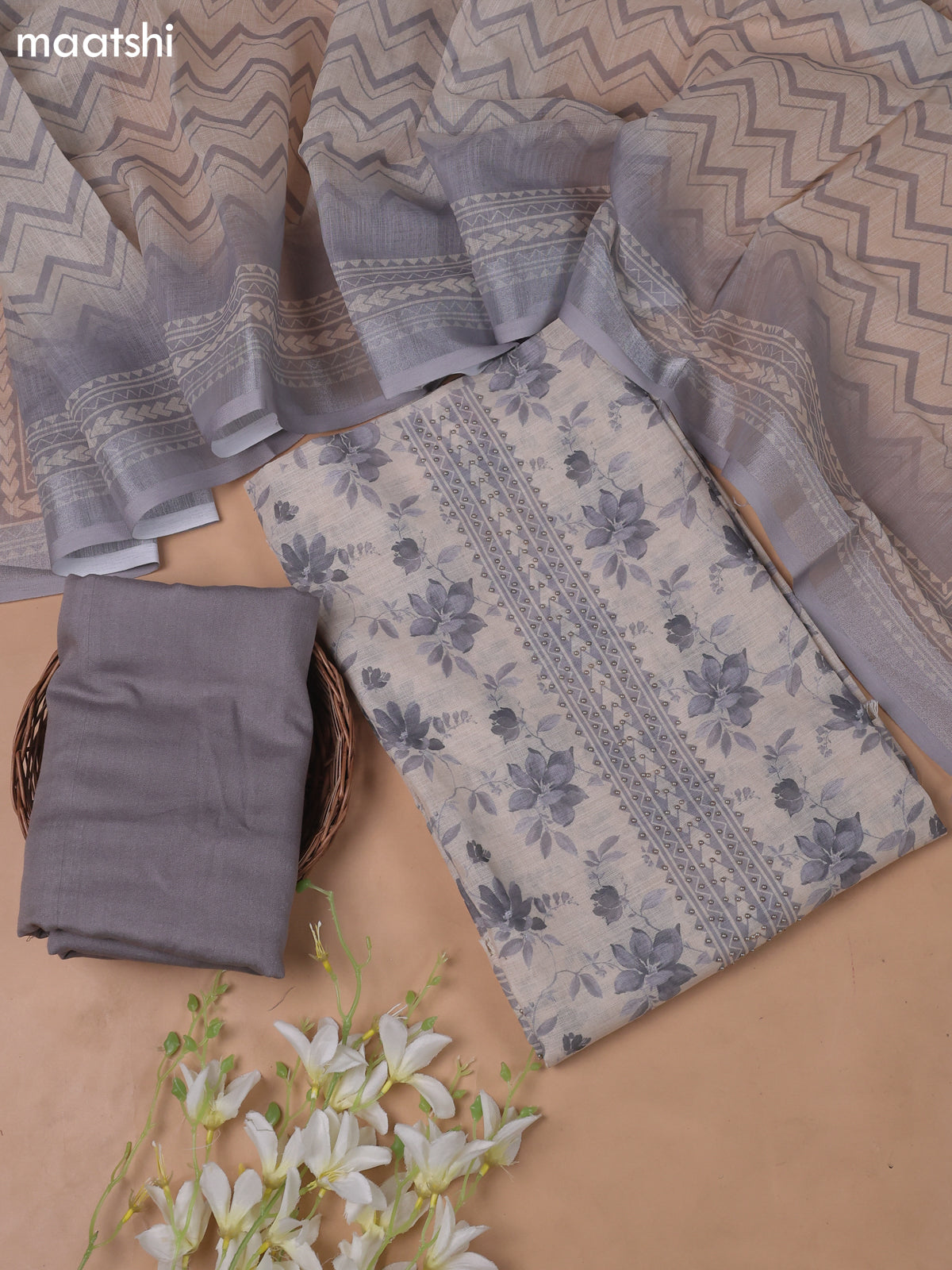 Beige and Grey Linen Cotton Dress Material With Floral Prints