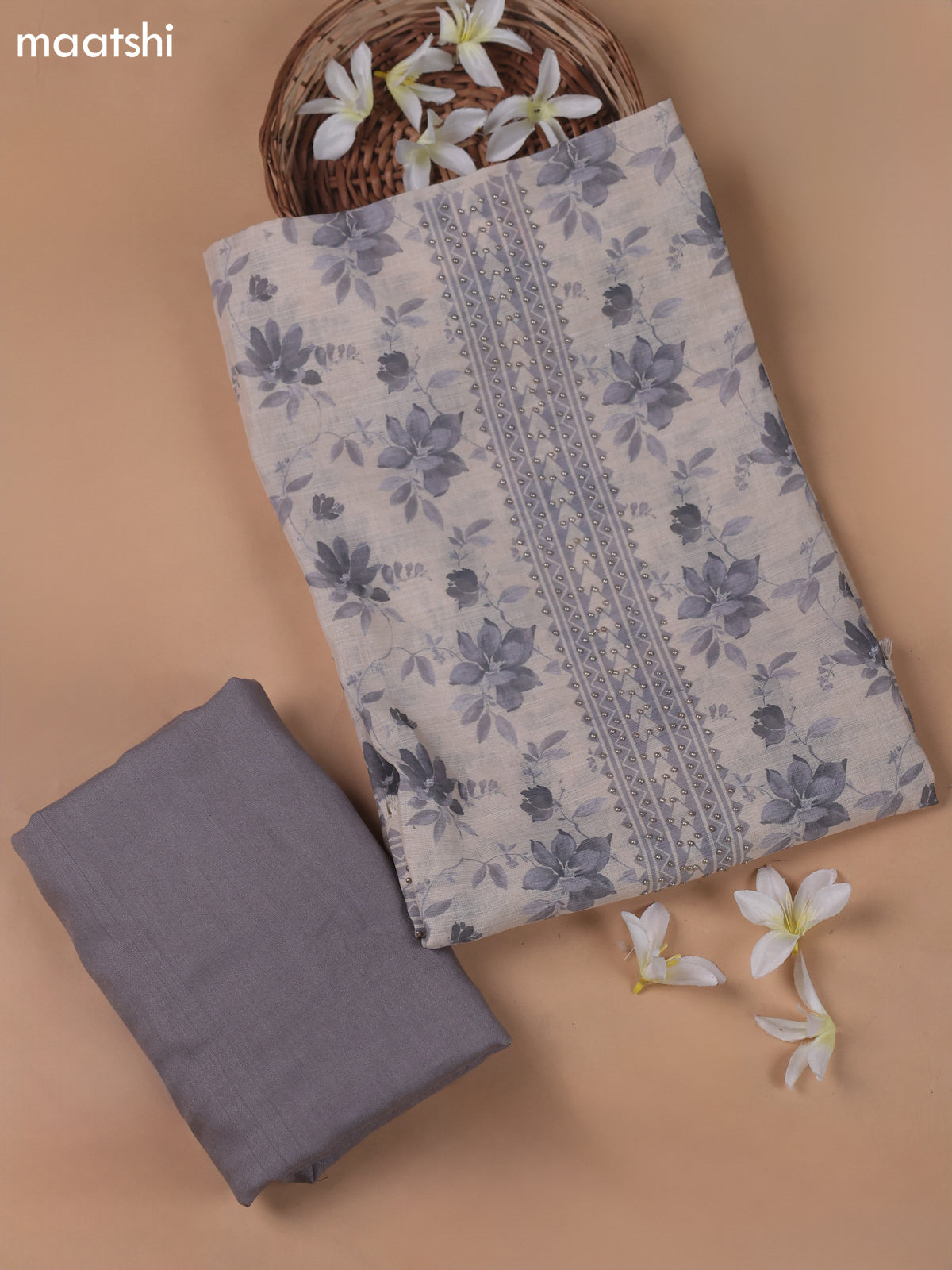 Beige and Grey Linen Cotton Dress Material With Floral Prints