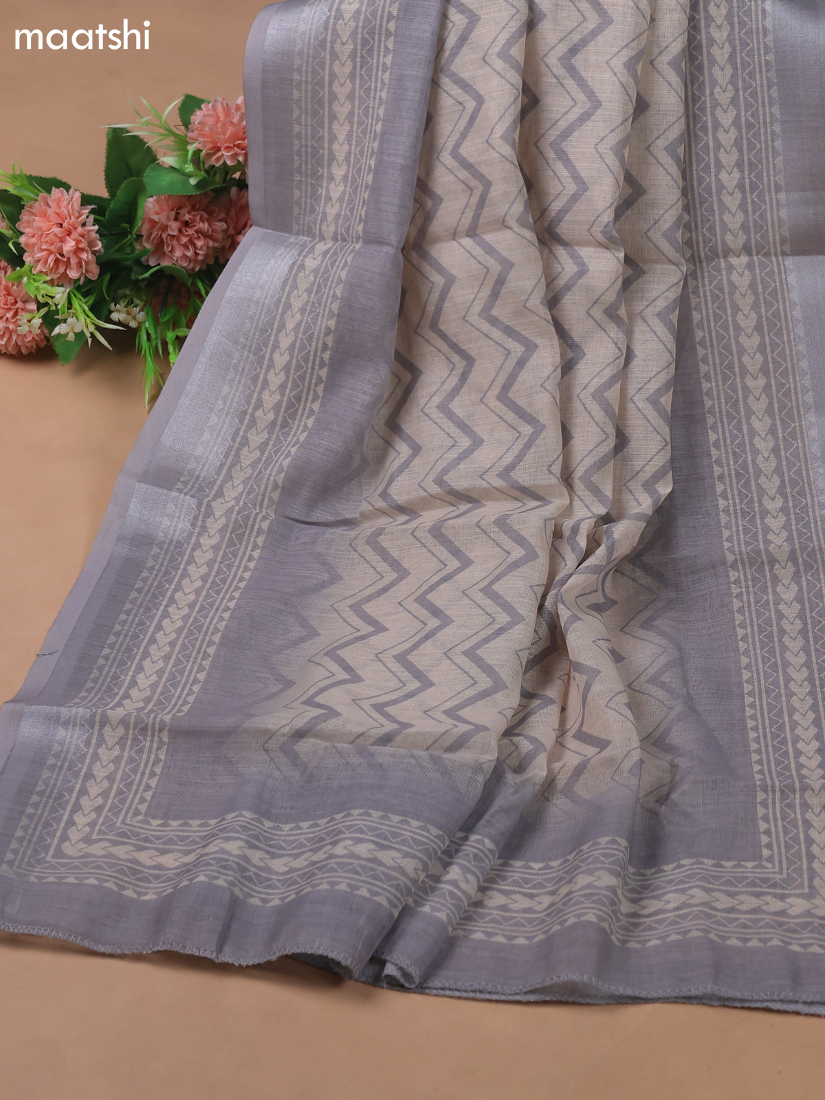 Beige and Grey Linen Cotton Dress Material With Floral Prints