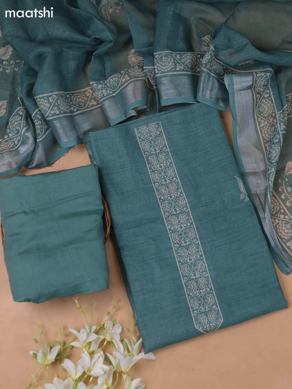 Beige and Teal Green Linen Cotton Dress Material With Kalamkari Prints & Beaded Work