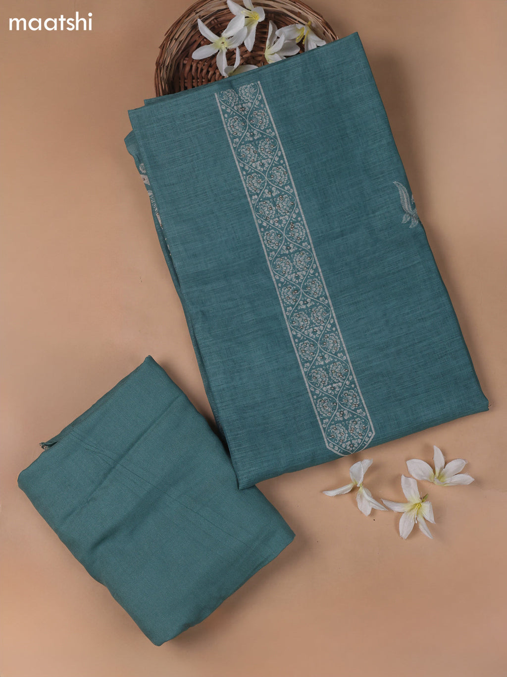 Beige and Teal Green Linen Cotton Dress Material With Kalamkari Prints & Beaded Work