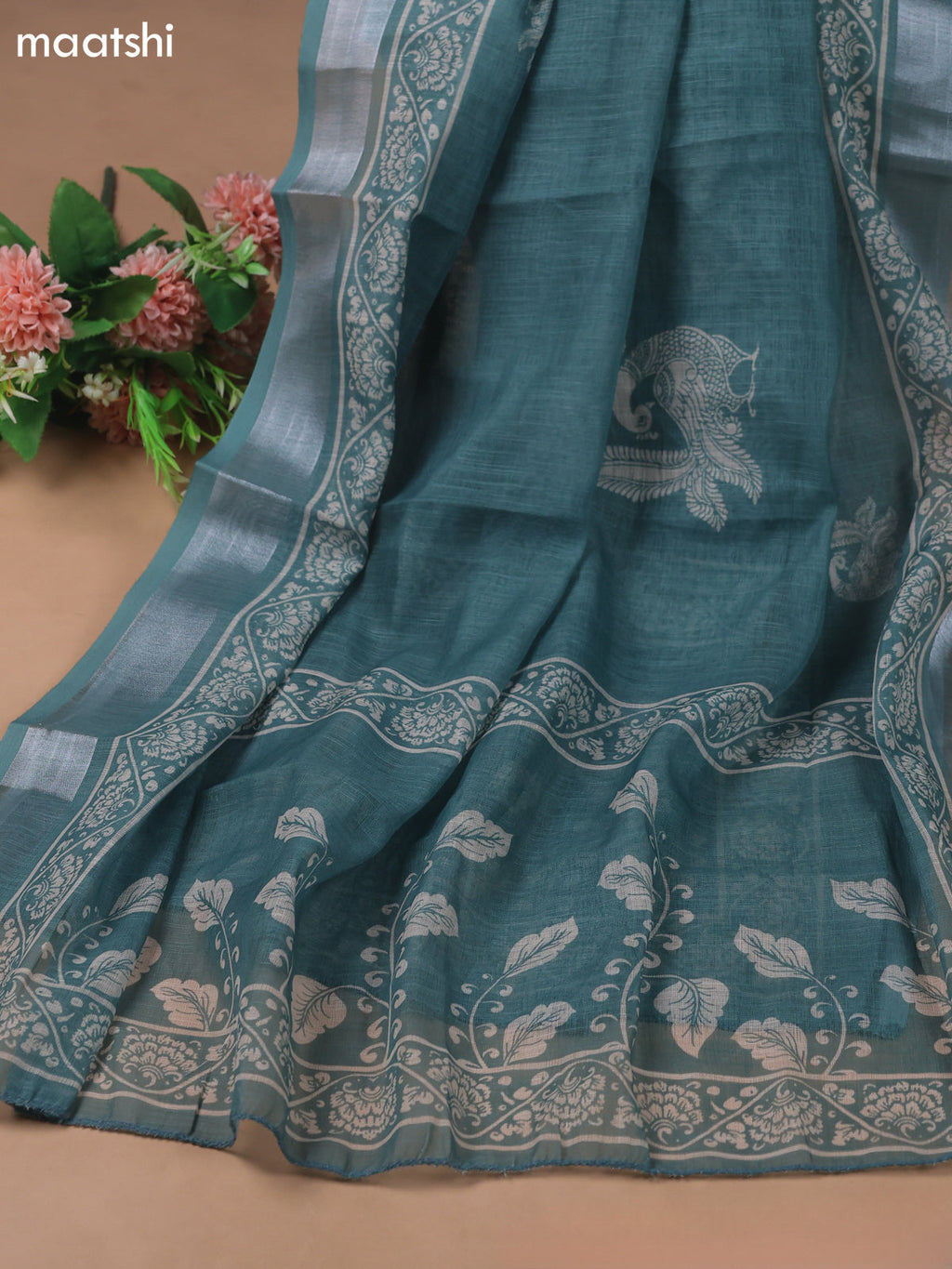 Beige and Teal Green Linen Cotton Dress Material With Kalamkari Prints & Beaded Work