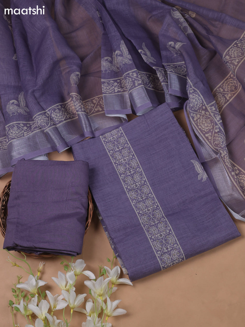 Beige and Lavender Linen Cotton Dress Material With Kalamkari Prints & Beaded Work