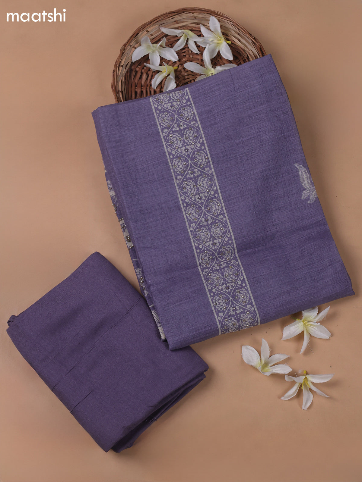 Beige and Lavender Linen Cotton Dress Material With Kalamkari Prints & Beaded Work