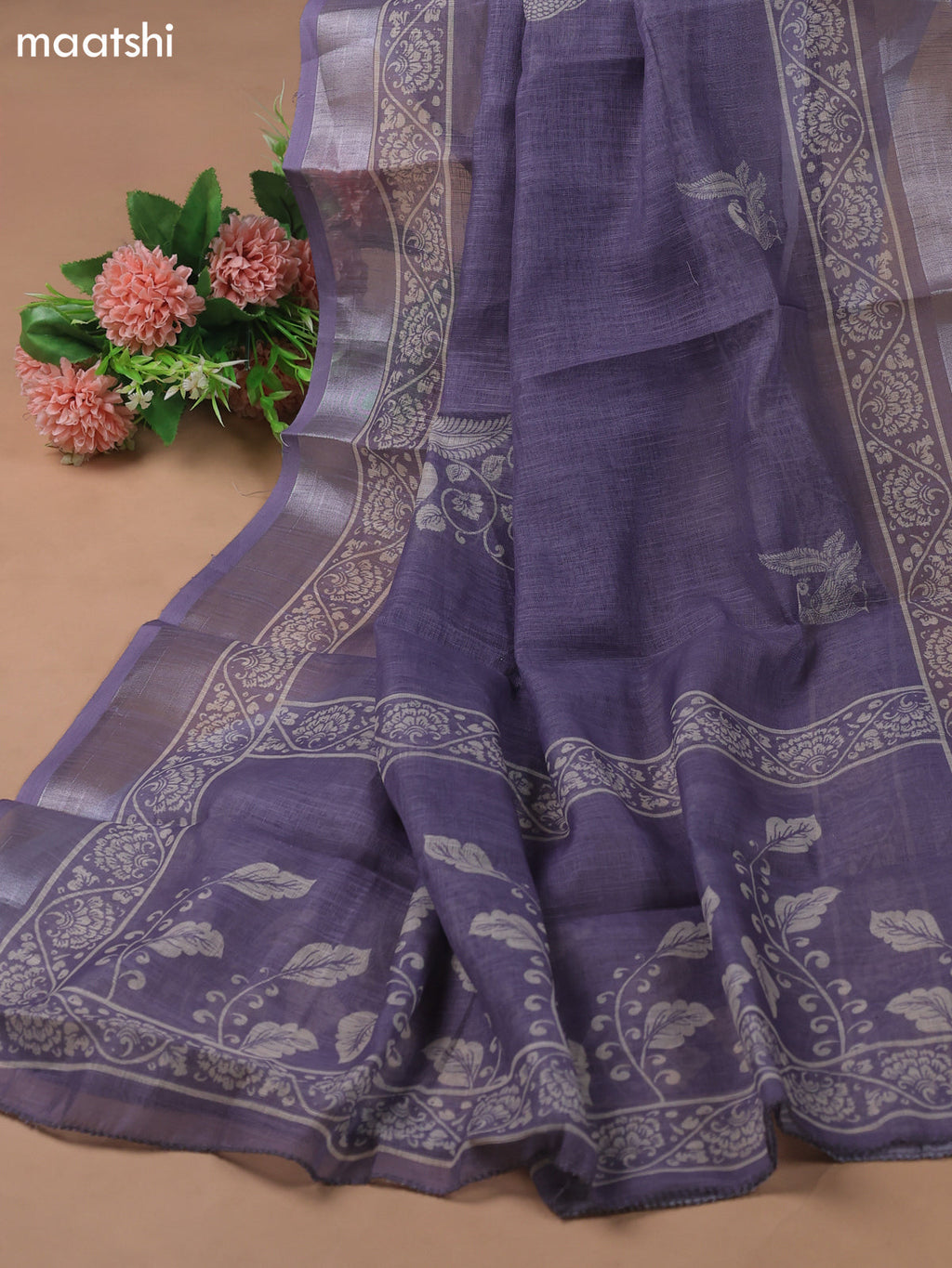 Beige and Lavender Linen Cotton Dress Material With Kalamkari Prints & Beaded Work