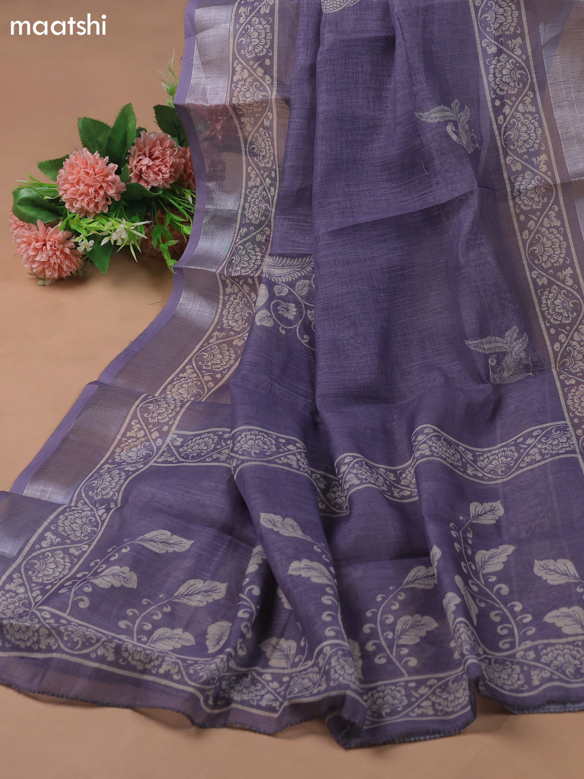 Beige and Lavender Linen Cotton Dress Material With Kalamkari Prints & Beaded Work