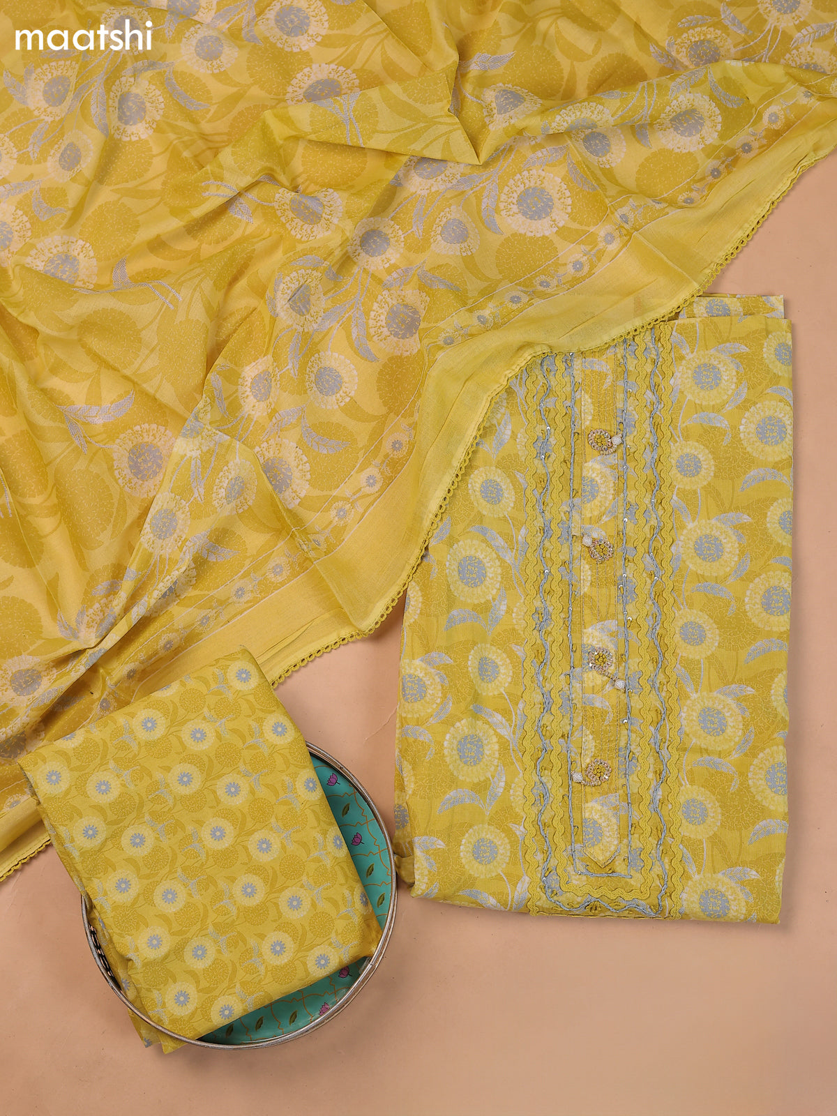 Musted Yellow Cotton Dress Material With Printed & Embroidery Work