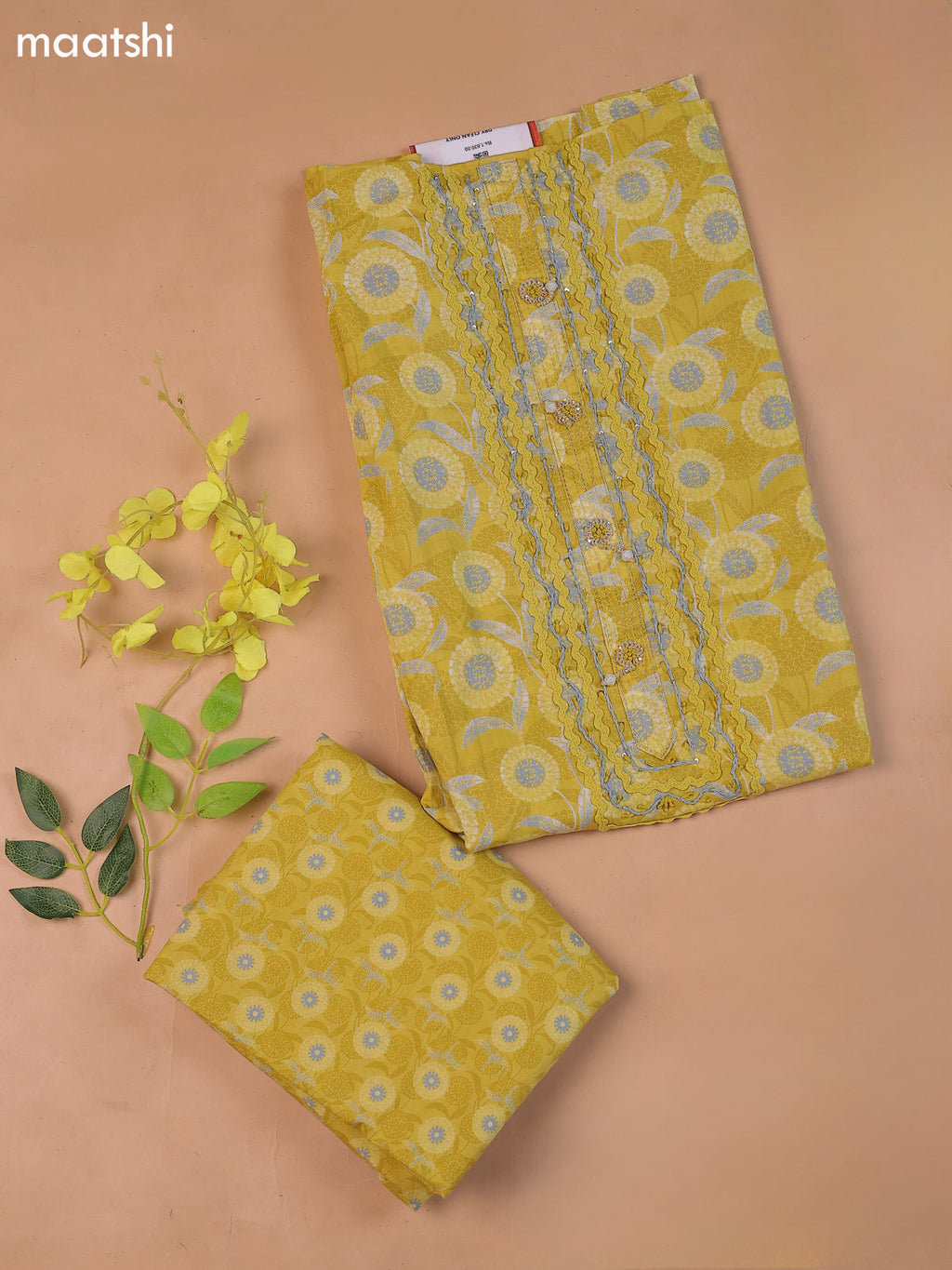 Musted Yellow Cotton Dress Material With Printed & Embroidery Work