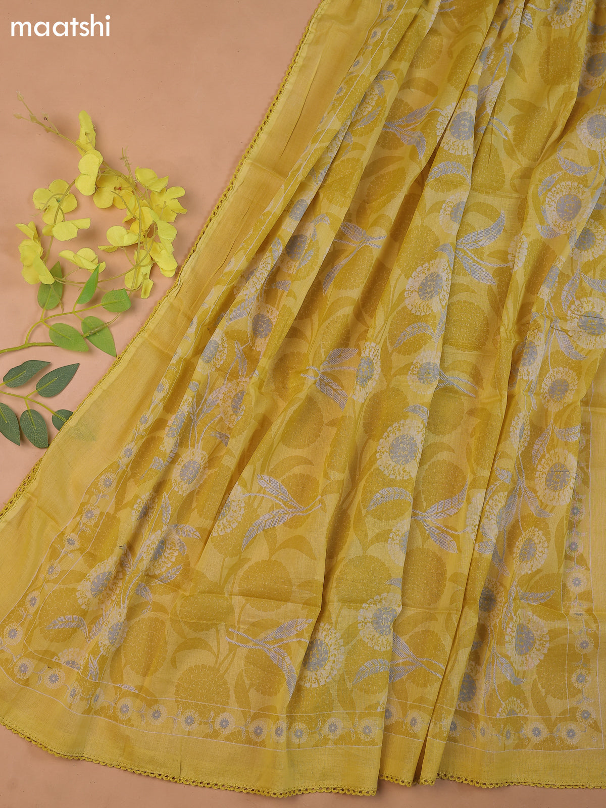 Musted Yellow Cotton Dress Material With Printed & Embroidery Work