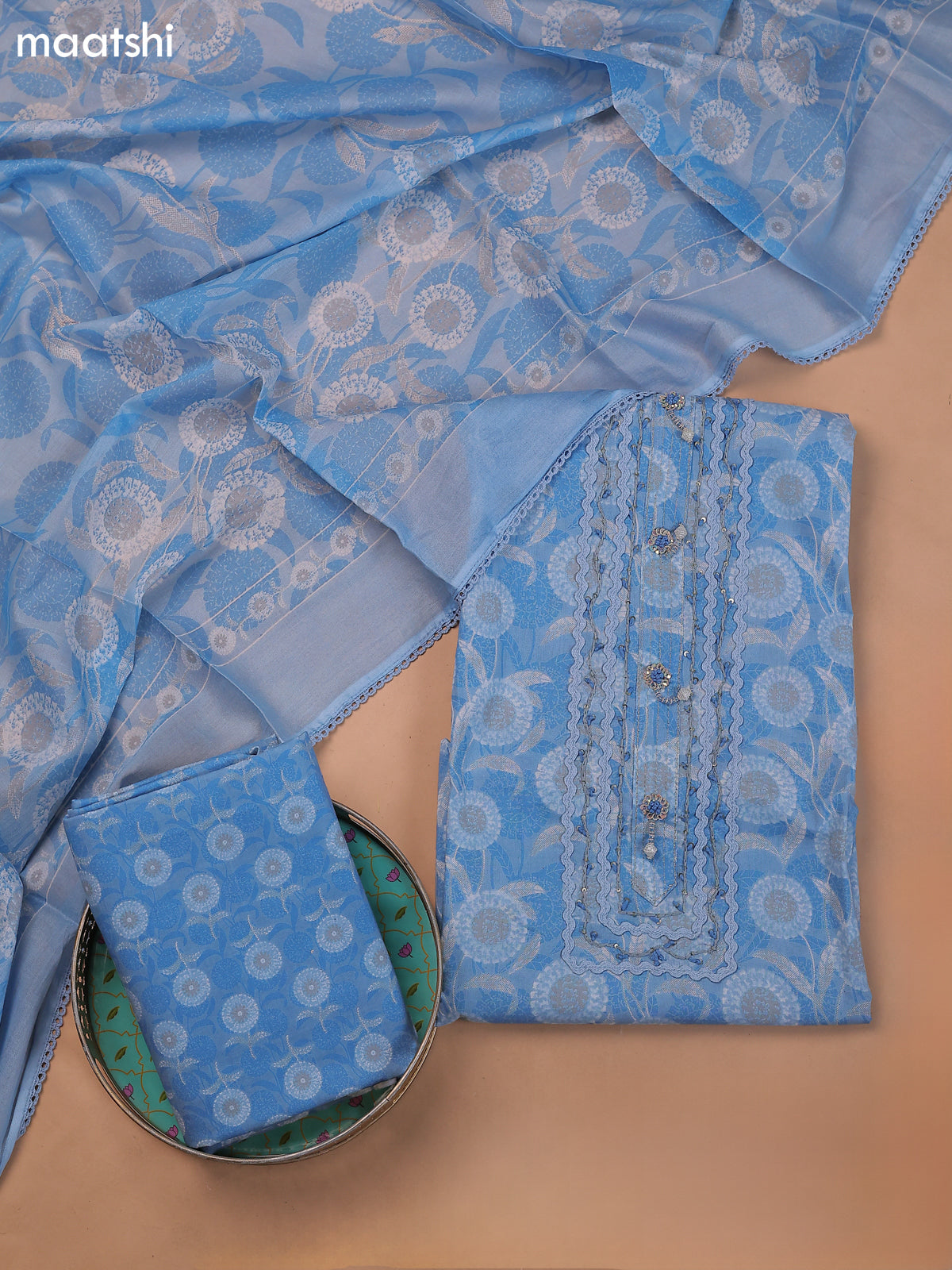 Pastel Blue Cotton Dress Material With Printed & Embroidery Work