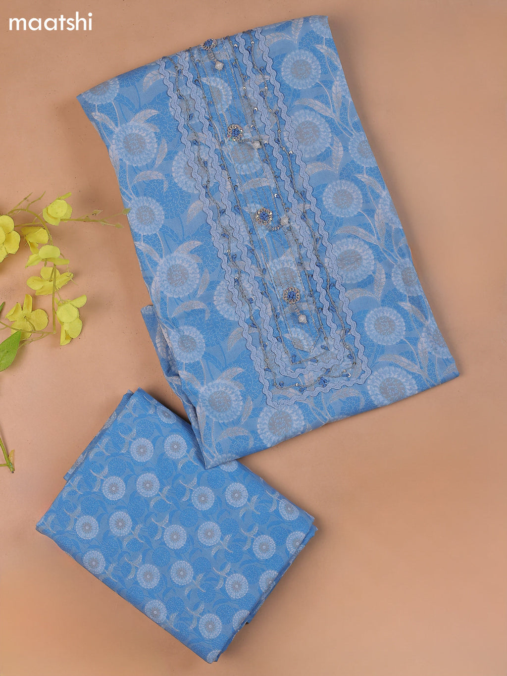 Pastel Blue Cotton Dress Material With Printed & Embroidery Work
