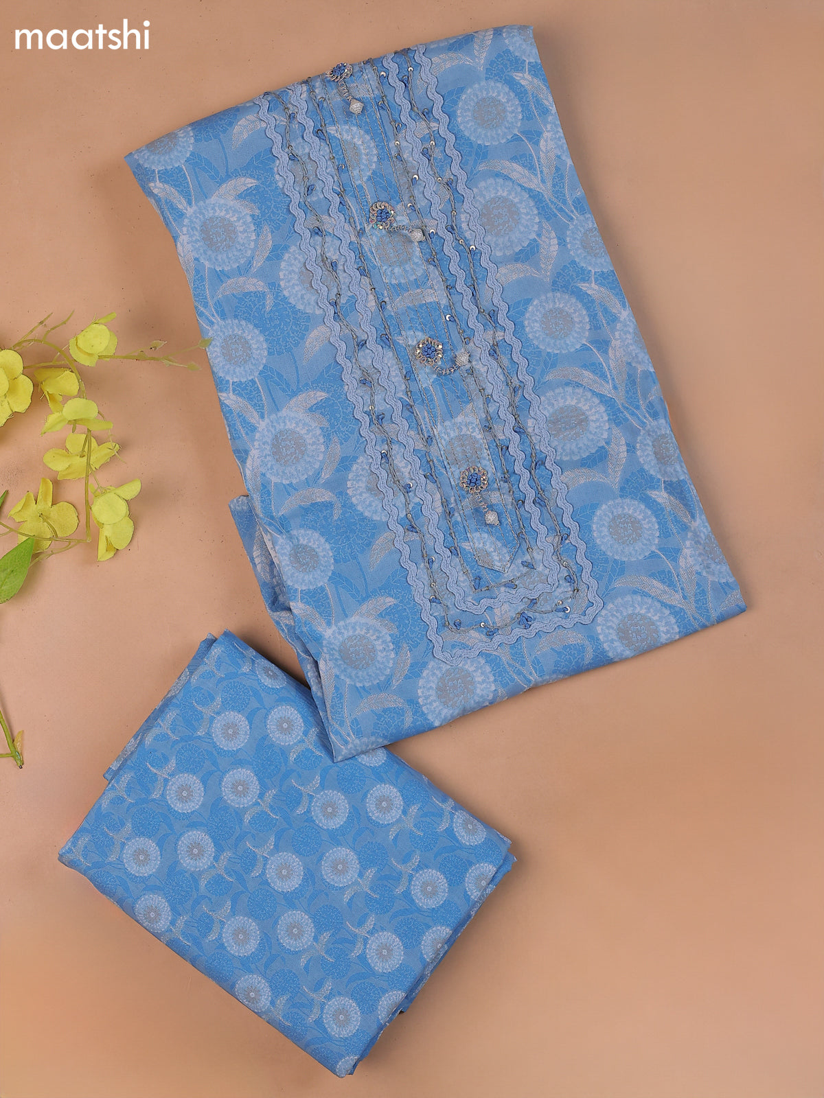 Pastel Blue Cotton Dress Material With Printed & Embroidery Work