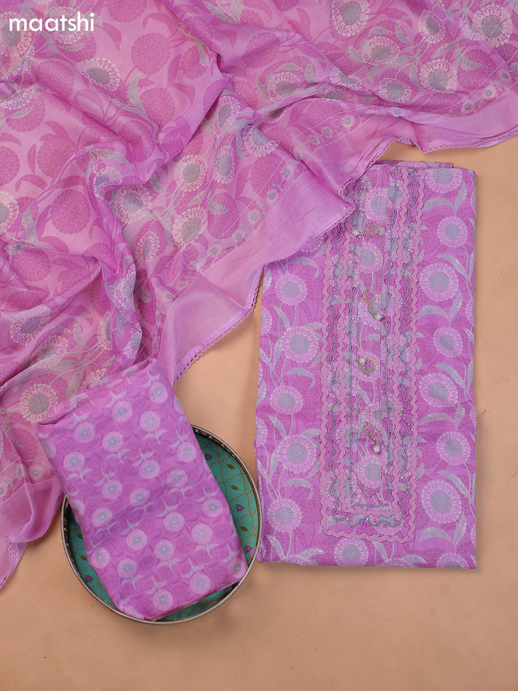 Lavender Cotton Dress Material With Printed & Embroidery Work