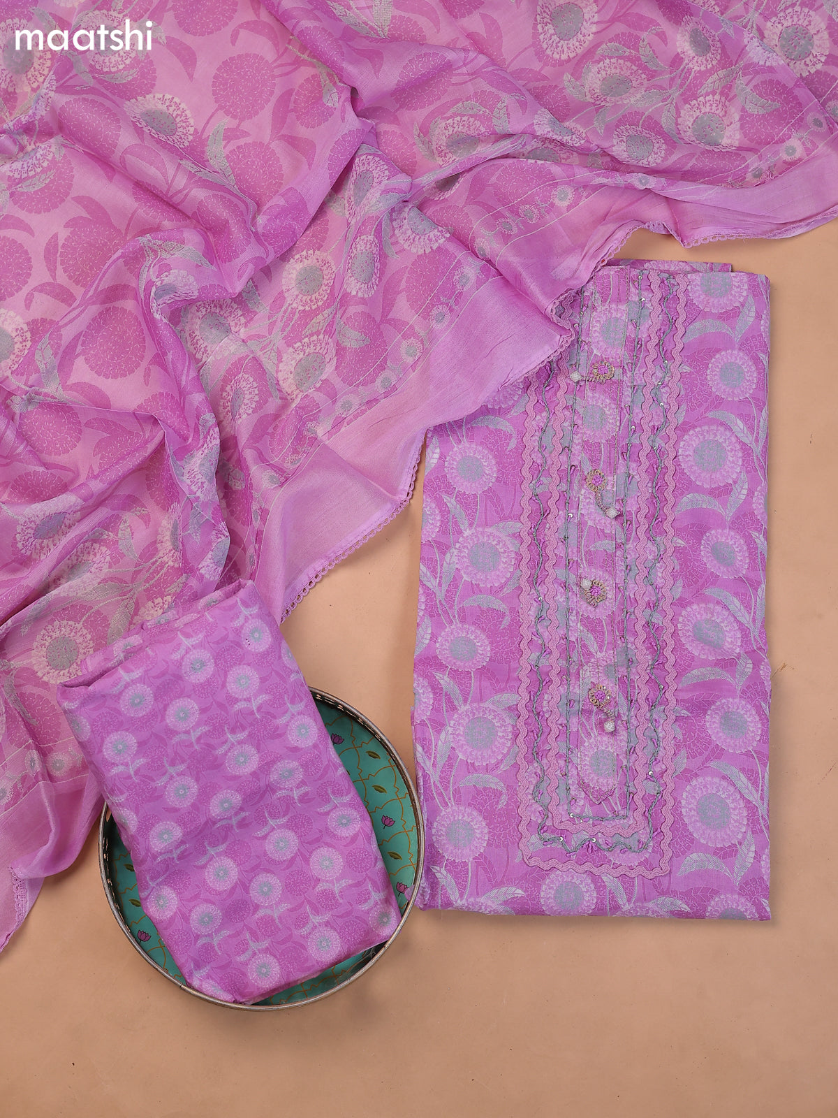Lavender Cotton Dress Material With Printed & Embroidery Work