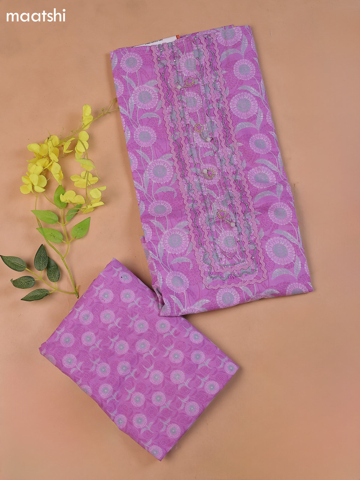 Lavender Cotton Dress Material With Printed & Embroidery Work