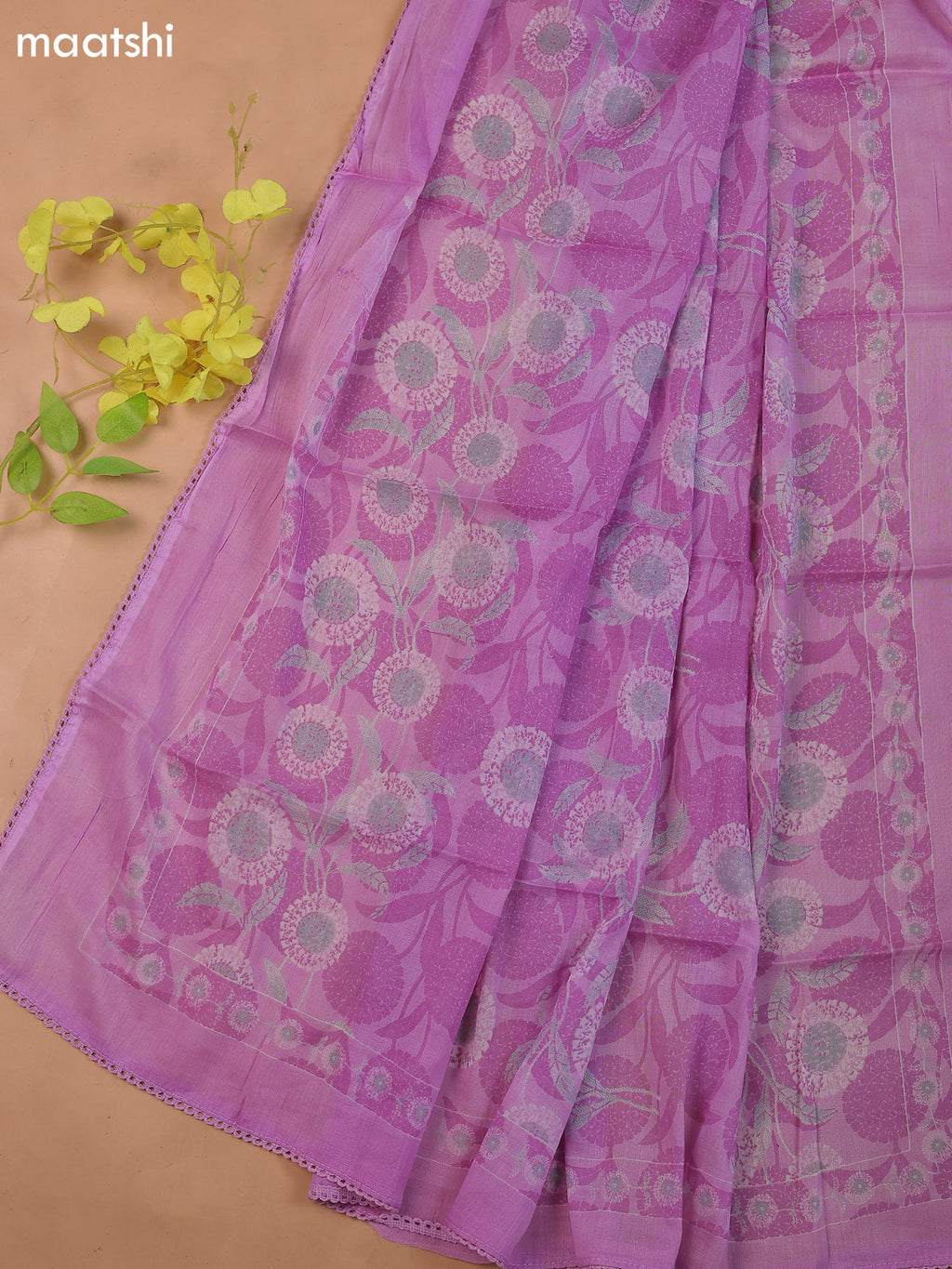 Lavender Cotton Dress Material With Printed & Embroidery Work